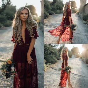 NEW Wine Red Lace V-neck Short Sleeve Boho Maxi Dress